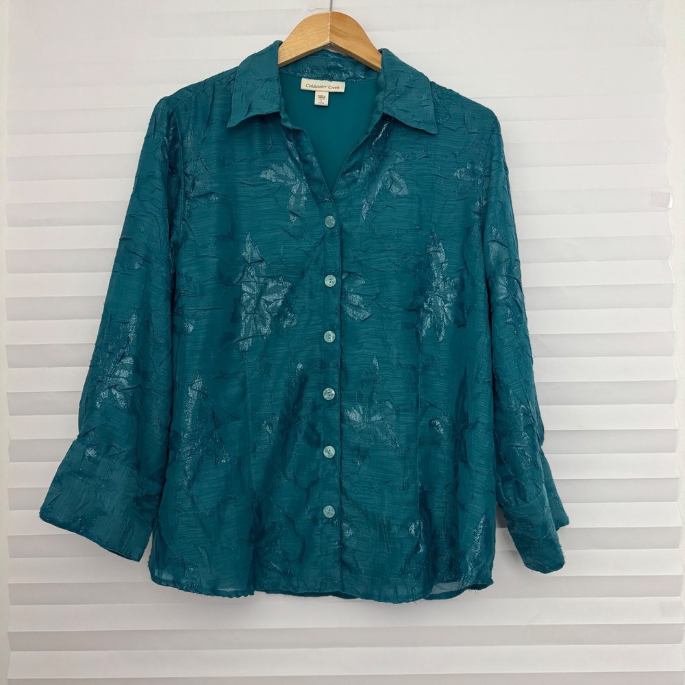 Coldwater Creek Teal Blue Crinkle Metallic Floral Blouse L 14-16 Business Casual
